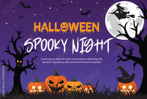 Halloween background with pumpkin, Halloween invitation pumpkin, night, moon, holiday, bat, autumn, horror  background 