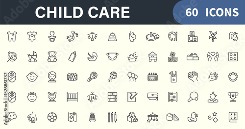Baby Care icon set. Child care icon set. Toys, gifts, newborn girl or boy, swing, child chair, ball, diaper, changing table, bike, lolipop and bottle. Caring for the newborn. Vector
