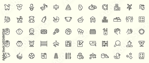 Child care set. Pregnancy, childbirth and baby care icon set. Newborn baby clothes, toys, diaper, breastfeeding, basinet, bottle, pacifier, etc. Cute baby face. Vector