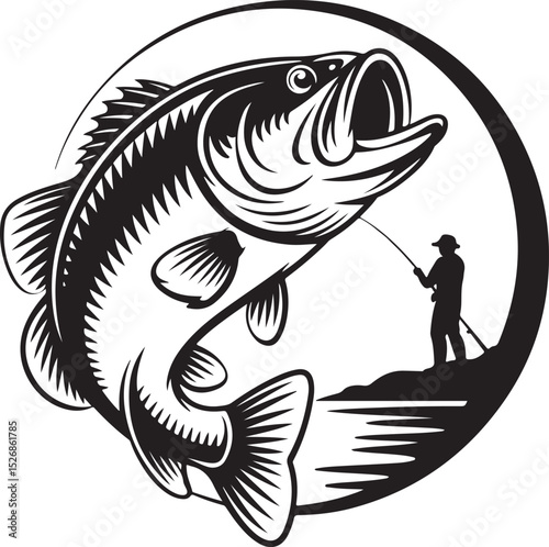 Largemouth Bass Fishing Angler and Leaping Fish Illustration