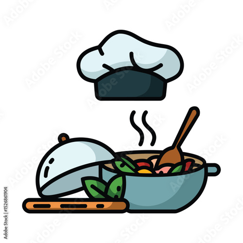 vector icons cooking food chef hat include a pizza slice, a sushi roll, spaghetti and meatballs, a curry bowl burger , fish 
