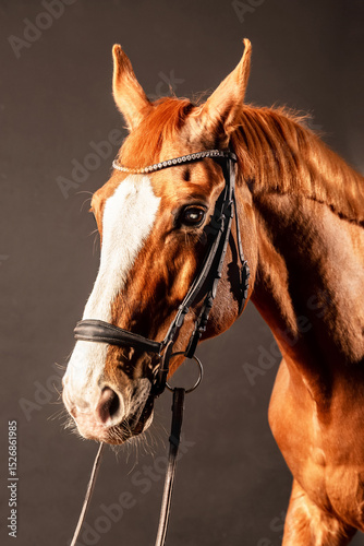 Beautiful chestnut horse in bridle posing against dark background