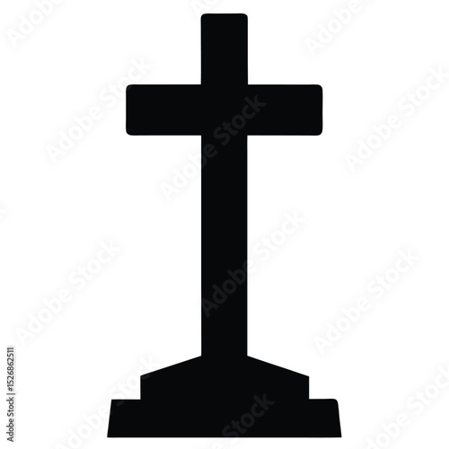 Silhouette of a Christian Cross on a Tombstone Base, Isolated Against White