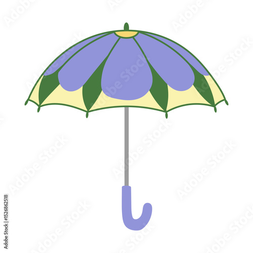 Cute childish umbrella with shape of flower. Funny children umbrella for protection from rain and sun. Flat isolated vector illustration on white background