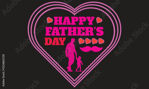 Happy Father's Day Design: A heartwarming illustration of a father and child holding hands, encased within a vibrant pink heart frame, perfect for celebrating Father's Day.