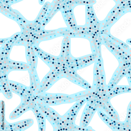 Playful seamless starfish pattern in pastel blue with dotted texture – marine vector background for kids’ fabric, summer textiles, or wrapping paper