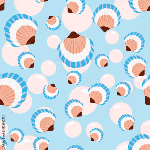 Seamless scallop shell pattern with bubbles or pearls on light blue background – playful marine vector design for kids’ fabric, beachwear, wallpaper, or packaging