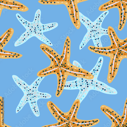 Seamless starfish pattern in orange and blue on light blue background – playful marine vector for summer fabric, kids’ decor, or wrapping design