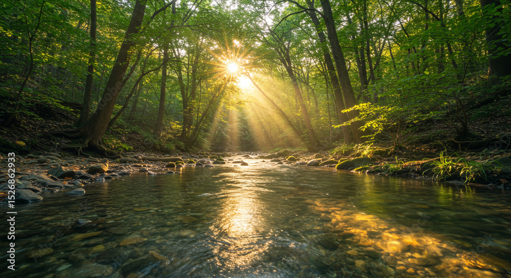 Obraz premium Serene Forest Stream with Sunlight Filtering Through Trees