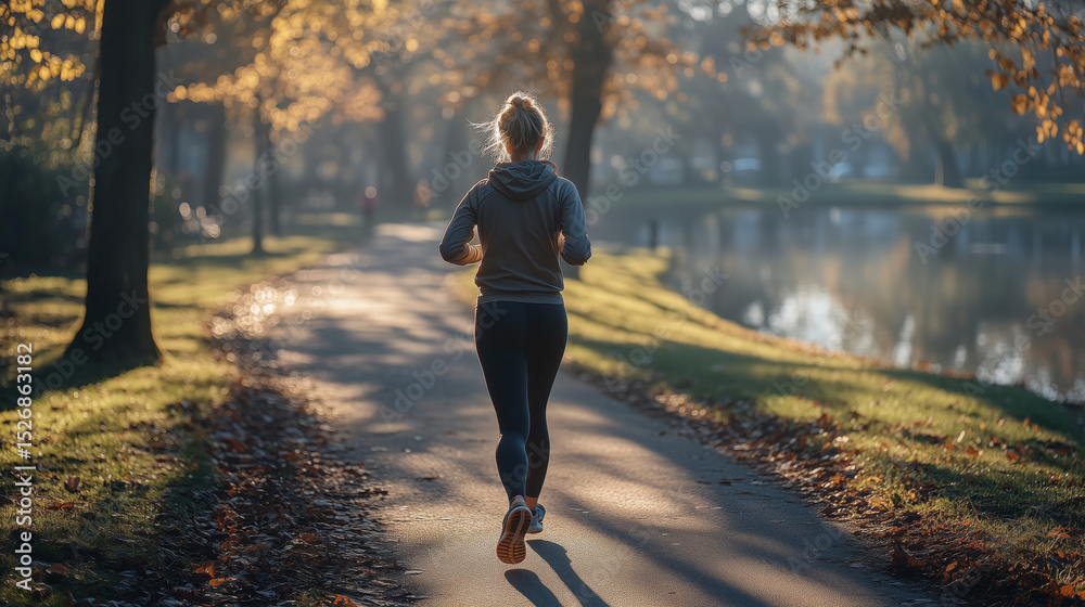 Obraz premium Young woman jogging along park path near lake in early autumn morning, surrounded by fallen leaves and soft sunlight. Peaceful fitness routine in nature.
