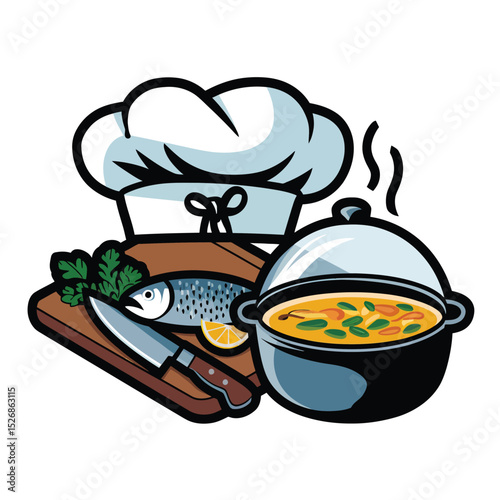 vector icons cooking food chef hat include a pizza slice, a sushi roll, spaghetti and meatballs, a curry bowl burger , fish 
