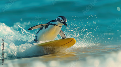 Funny penguin riding a yellow surfboard on ocean waves, captured mid-action with splashes and sunlight. Humorous and surreal summer concept. Unexpected beach fun.