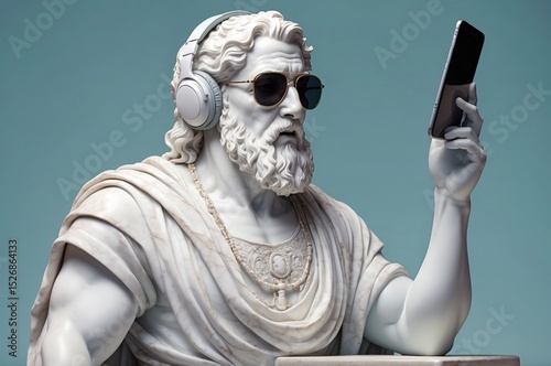 Modern interpretation of a classical statue with headphones and sunglasses in an indoor setting