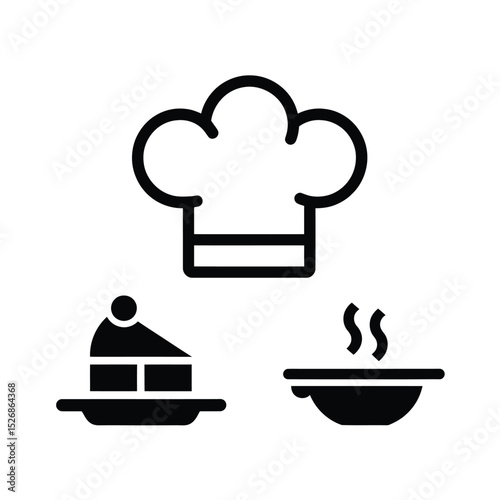 vector icons cooking food chef hat include a pizza slice, a sushi roll, spaghetti and meatballs, a curry bowl burger , fish 
