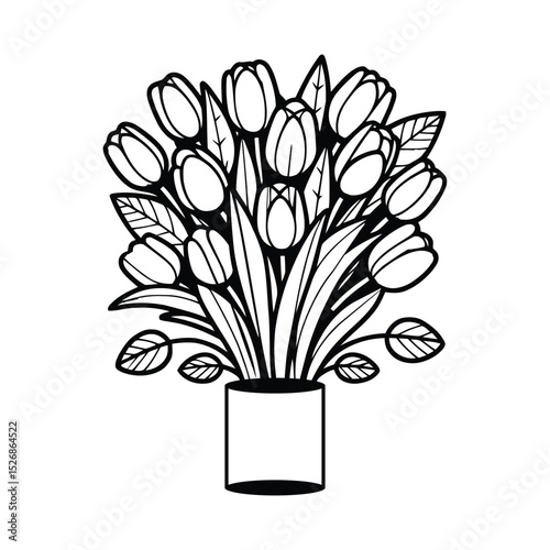 Elegant black and white line art depicting a beautiful tulip bouquet in a vase
