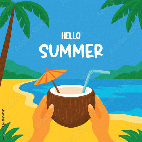 Hello Summer. Summer Coconut Drink on Beach with Tropical Palm Leaves, Ocean View and Sand. Flat Summer Vector Illustration for Vacation Poster, Travel Banner, Holiday Card, Summer Background Design