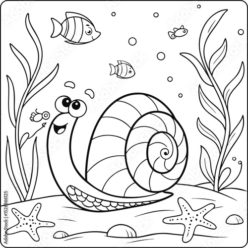 Adorable Snail Underwater Scene Coloring Page Featuring Ocean Life
