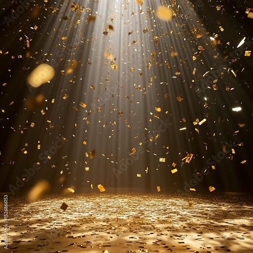 golden confetti rain on festive stage with light beam in the middle, empty room at night mockup with copy space for award ceremony, jubilee, New Year's party 