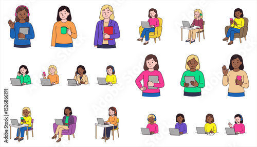Hand-drawn set of diverse female office workers using laptops, tablets, phones, and headsets in various remote work situations. Clean flat vector illustration isolated on white background