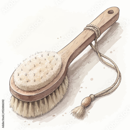  Natural bristle body brush illustration in brown and tan for spa exfoliation.