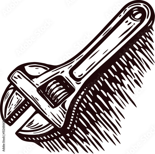 Hand drawn adjustable wrench sketch vintage engraving spanner illustration with shadow detail