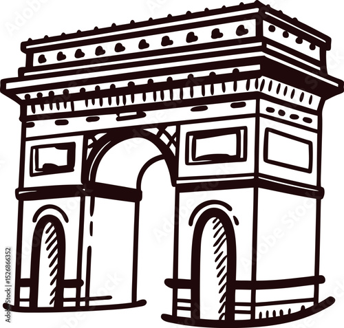 Hand drawn sketch of classical triumphal arch monument with ornate details and two arches outlined in vintage