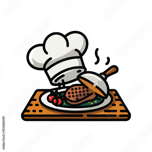 vector icons cooking food chef hat include a pizza slice, a sushi roll, spaghetti and meatballs, a curry bowl burger , fish 
