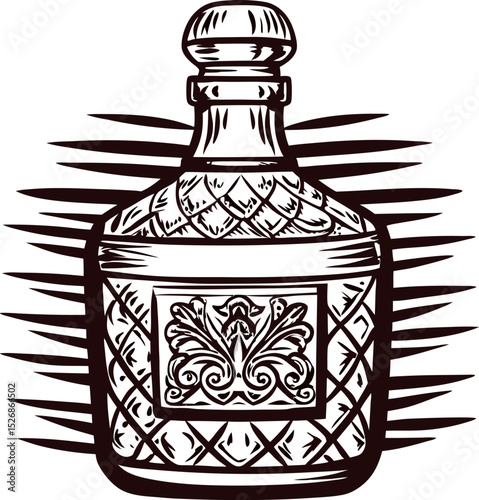 Hand drawn antique crystal decanter with ornate floral engraving in sketch vintage engraving