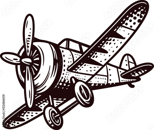 Retro single engine propeller airplane illustration in vintage engraving style, isolated on white background