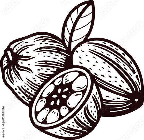 Hand drawn illustration of whole and sliced guava fruit with leaf isolated on white background in vintage engraving