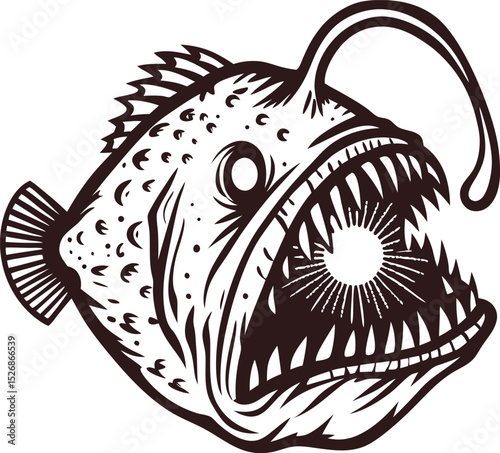 Hand drawn anglerfish illustration with open mouth and glowing lure in vintage engraved