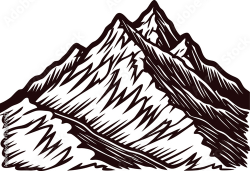 Engraved vintage mountain landscape illustration hand drawn snowy peak and ridges with detailed linework on white background