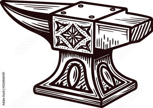 Hand drawn vintage blacksmith anvil illustration with ornate decorative details isolated on white background