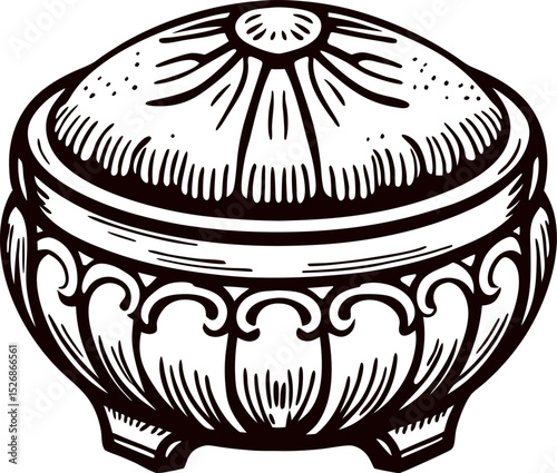 Ornate engraved antique jewelry box with decorative lid in vintage hand drawn illustration