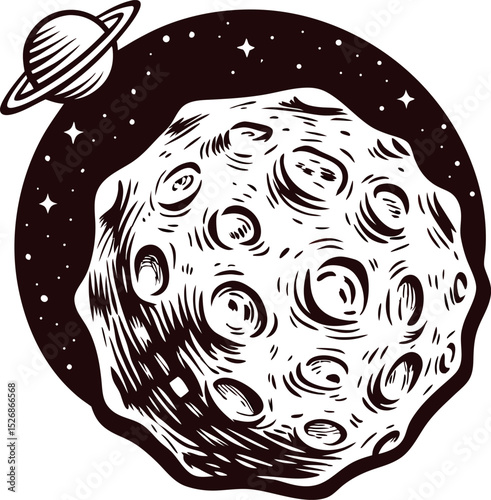 Engraved illustration of cratered asteroid with ringed planet in starry outer space