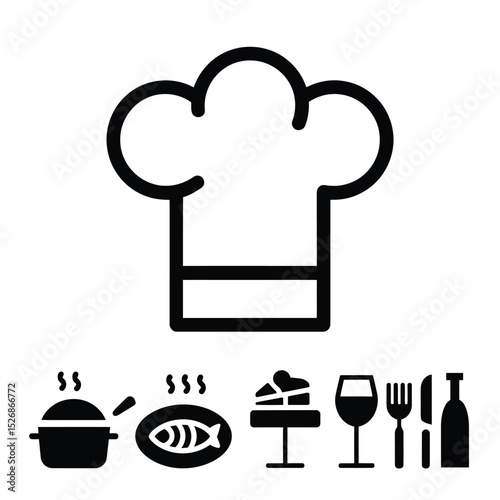 vector icons cooking food chef hat include a pizza slice, a sushi roll, spaghetti and meatballs, a curry bowl burger , fish 
