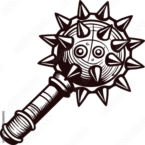 Vintage engraved spiked medieval mace illustration with wooden handle and metal studs isolated on white background