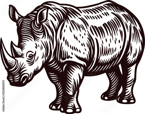 Hand drawn black and white rhinoceros illustration in vintage engraved