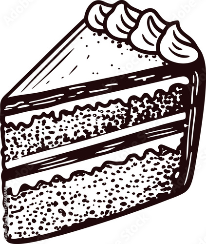 Vintage hand drawn illustration of layered slice of cake with frosting and cream decoration on white background