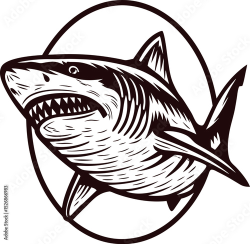 Ferocious shark illustration in monochrome woodcut with oval background outline