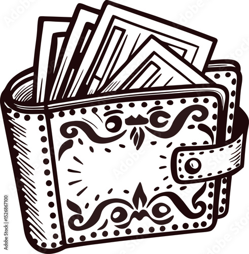 vintage engraved drawing of an ornate leather wallet with cash and decorative pattern in retro