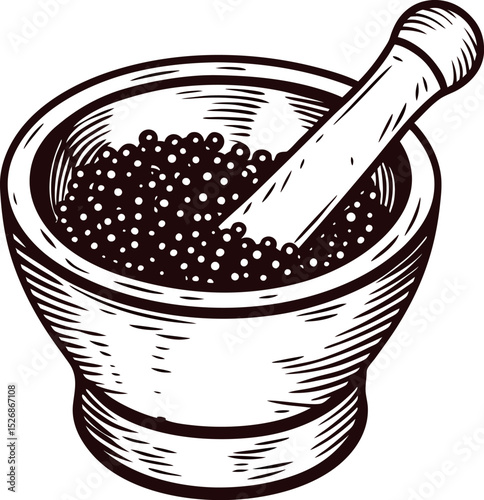 Hand drawn vintage mortar and pestle filled with peppercorns engraved antique kitchen tool illustration