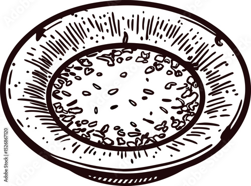 Vintage engraved illustration of a shallow ceramic soup plate with scattered grains or seeds, isolated on white background
