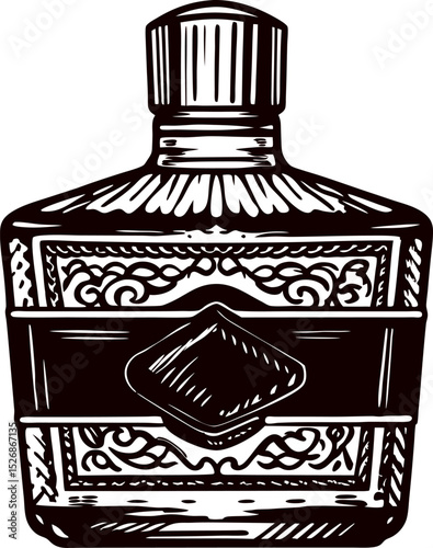 Vintage engraved ink bottle with ornate label and cap retro apothecary container illustration in black and white