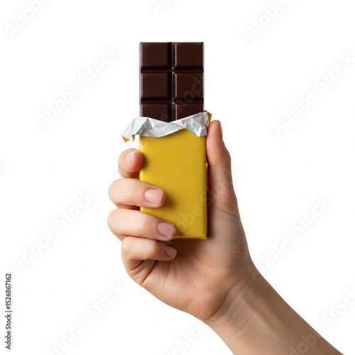 Close-Up of Hand Holding Chocolate Bar on White Background photo