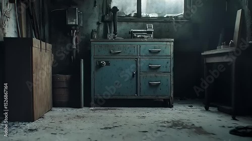 Atmospheric Depiction of a Workshop Interior with Industrial Equipment and Workbench