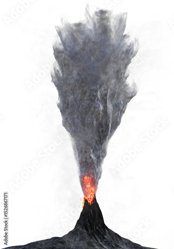 A black rock volcano erupting into a huge vertical pile of fire, lava and grey smoke. 3D illustration on transparent background. 