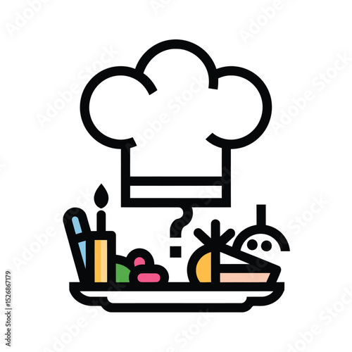 vector icons cooking food chef hat include a pizza slice, a sushi roll, spaghetti and meatballs, a curry bowl burger , fish 
