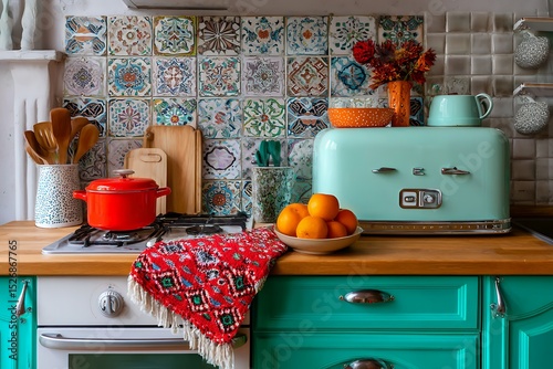 Vibrant retro kitchen with teal cabinetry, vintage appliances, and colorful tile backsplash