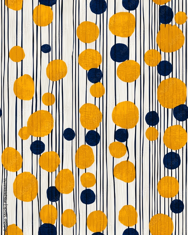Fototapeta premium vintage abstract pattern with mustard yellow circles and navy blue vertical lines, 1960s mid-century style